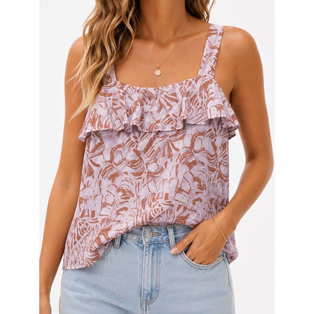 Nine West XL Tropical Palm Print Ruffle Tank Top Pink Brown Summer Resort Boho